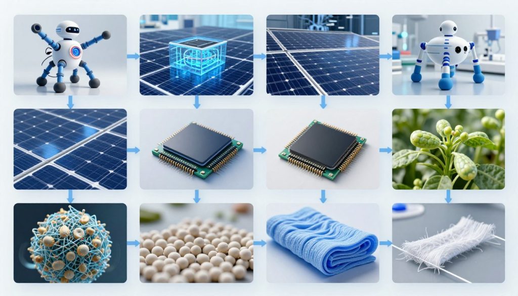 Collage visual de aplicaciones de nanotecnología en diferentes industrias