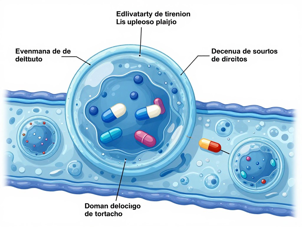 Ilustración de nanopartículas transportando fármacos hacia células objetivo