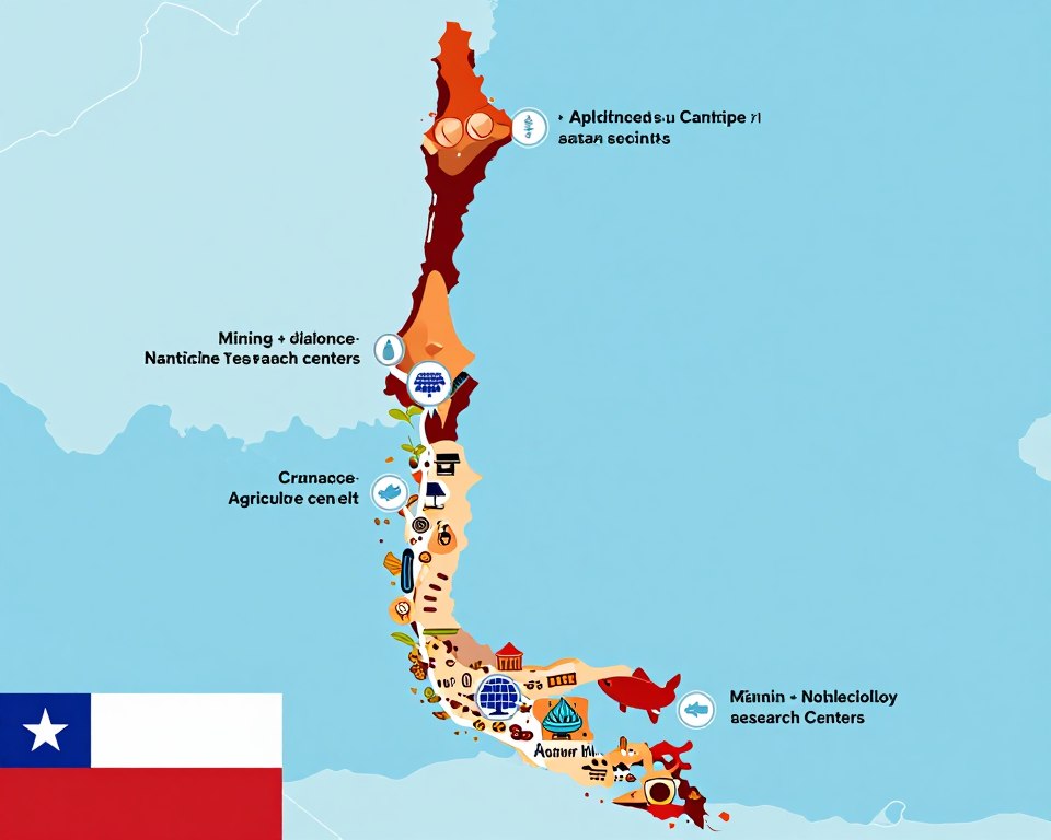 Mapa de Chile mostrando centros de investigación en nanotecnología