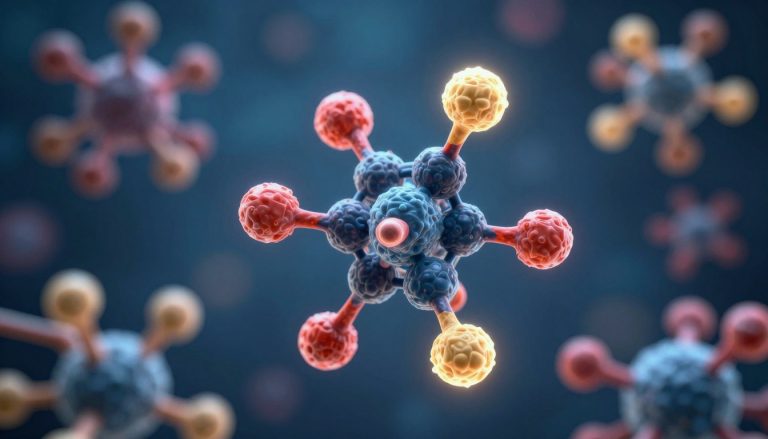 Representación visual microscópica de nanopartículas y estructuras moleculares